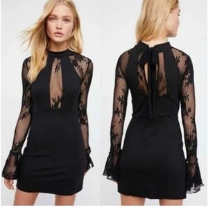 Free People Mini Dress Lace Bell Sleeve Open Back Black S
